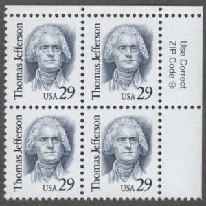 Scott# 2185 THOMAS JEFFERSON ZIP BLOCK (4) MNH, NICELY CENTERED