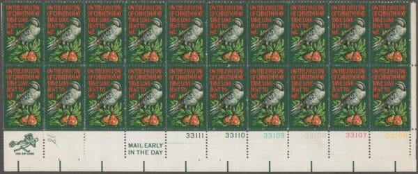 Scott# 1445 "PARTRIDGE IN A PEAR TREE" MNH PLATE STRIP (20) WITH MAIL EARLY AND ZIP