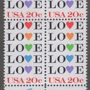 Scott# 2072 "LOVE HEARTS" MNH ZIP BLOCK (4) NICELY CENTERED