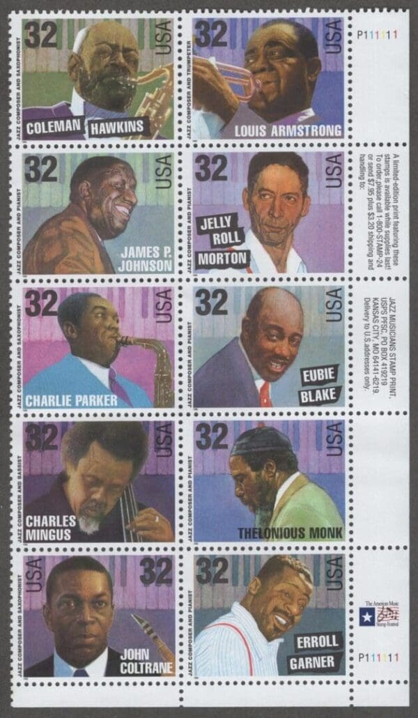 Scott# 2983-92 "JAZZ MUSICIANS" MNH PLATE BLOCK (10) NICELY CENTERED