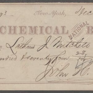 Scott# R15c REVENUE on N.Y. CHEMICAL NAT'L BANK CHECK DEC 19TH 1867 DEPOSIT CANCEL