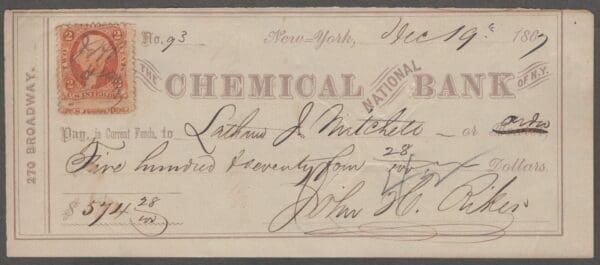 Scott# R15c REVENUE on N.Y. CHEMICAL NAT'L BANK CHECK DEC 19TH 1867 DEPOSIT CANCEL