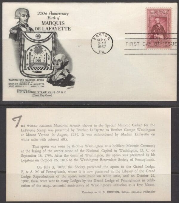 Scott# 1097 "LAFAYETTE BICENTENARY" MASONIC COMMEMORATIVE FDC