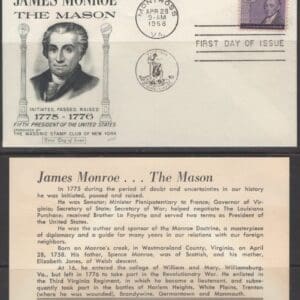 Scott# 1105 "JAMES MONROE - PRESIDENT" MASONIC COMMEMORATIVE FDC