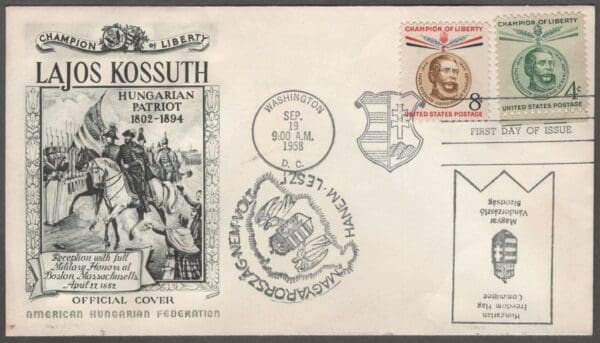 Scott# 1117-18 "LAJOS KOSSUTH" AMERICAN HUNGARIAN FEDERATION FIRST DAY COVER