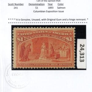 Scott# 241 "COLUMBIAN - ISABELLA PLEDGING HER JEWELS" MINT WITH 2024 CERT - Image 3