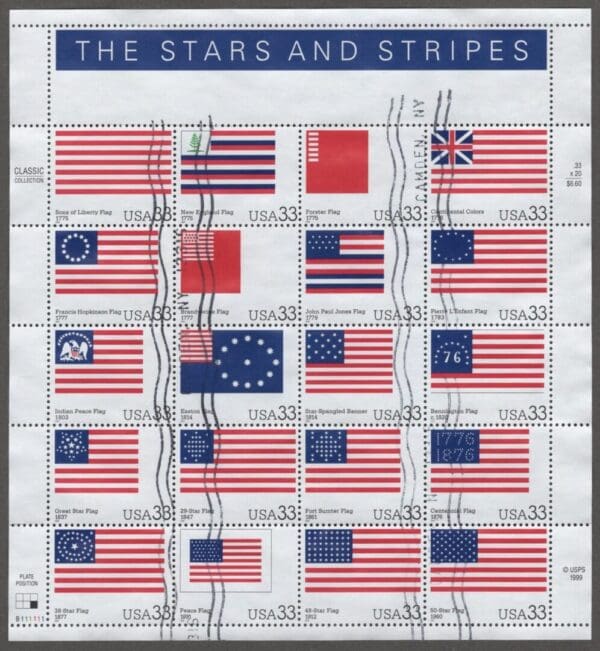 Scott# 3403 "STARS & STRIPES" INTACT SHEET (20) USED, CAMDEN NY PARCEL CANCELS