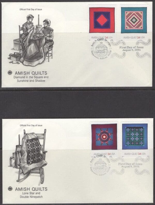 Scott# 3524-27 "AMISH QUILTS" POSTAL COMMEMORATIVE SOCIETY FDC SET (2)