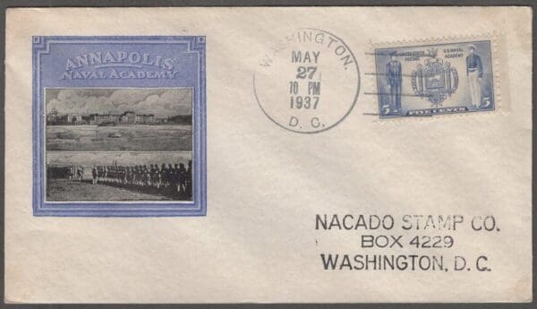 Scott# 794 "ANNAPOLIS NAVAL ACADEMY" FIRST DAY COVER, WASHINGTON D.C. CANCEL