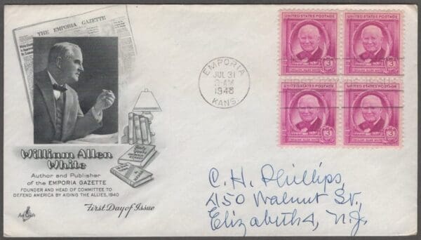 Scott# 960 "WILLIAM A WHITE" WITH A BLOCK (4) ON ARTCRAFT FDC