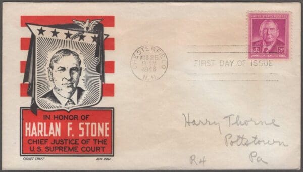 Scott# 965 "HARLAN STONE - SCOTUS" on KEN BOLL FDC WITH CHESTERFIELD N.H. CDS