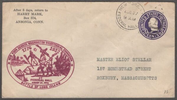 Scott# U534 "BATTLE of LONG ISLAND" COMMEMORATIVE COVER, FEDERAL HALL STATION