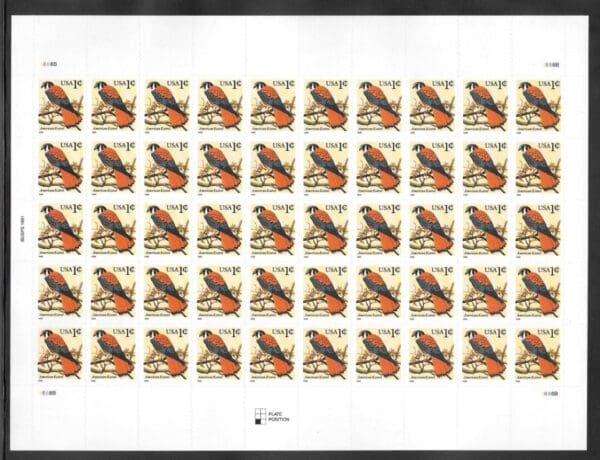 Scott# 3031 "AMERICAN KESTREL" S/A MNH SHEET (50) PLATE # 8888A