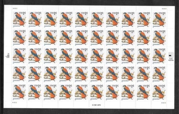 Scott# 3031A "AMERICAN KESTREL" S/A MNH SHEET (50) PLATE # 444444