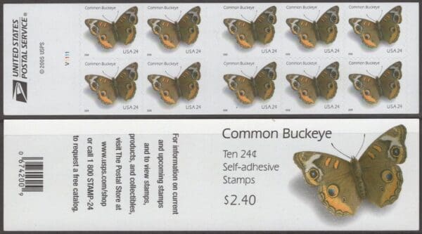 Scott# 4001b "COMMON BUCKEYE" MNH UNFOLDED BOOKLET PANE (10) P# V1111