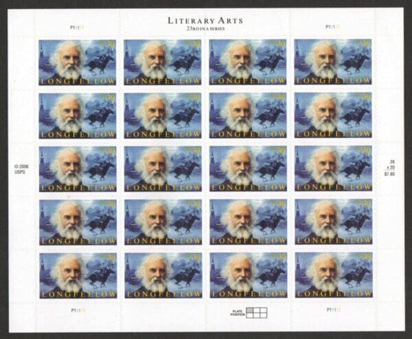 Scott# 4124 "HENRY WADSWORTH LONGFELLOW- POET" MNH SHEET (20)