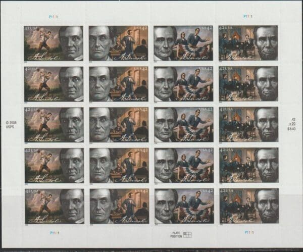 Scott# 4380-83 "ABRAHAM LINCOLN" MNH FULL SHEET (20) NICELY CENTERED