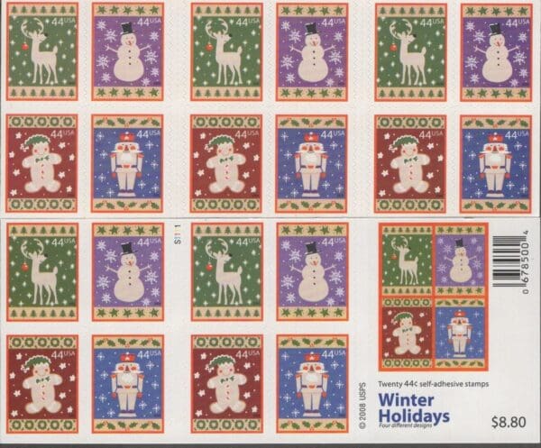 Scott# 4425-28 (4428b) "WINTER HOLIDAYS" UNFOLDED BOOKLET PANE (20) MNH