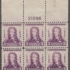 Scott# 726 "GENERAL OGLETHORPE" PLATE BLOCK (6) MNH, NICELY CENTERED, PLATE# 21096