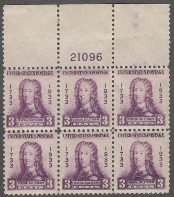 Scott# 726 "GENERAL OGLETHORPE" PLATE BLOCK (6) MNH, NICELY CENTERED, PLATE# 21096