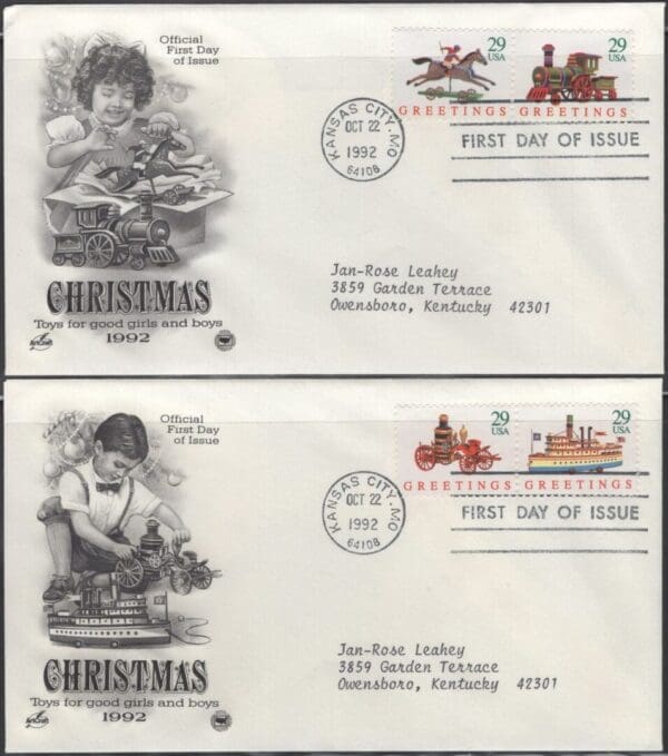 Scott# 2711-14 "CHRISTMAS TOYS" ARTCRAFT SET (2) FIRST DAY COVERS