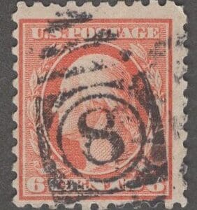 Scott# 468 "WASHINGTON" FLAT PLATE PERF 10, NUMERAL 8 DUPLEX CANCEL