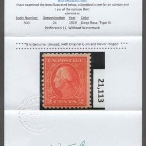 Scott# 500 "WASHINGTON" FLAT PLATE TYPE La, MNH WITH CROWE CERT - Image 3