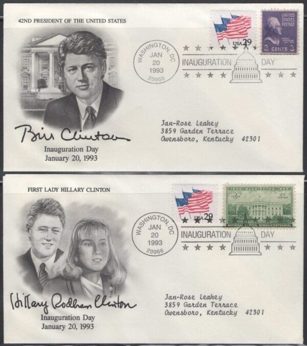 BILL CLINTON INAUGURAL COVER SET (2) WITH WASHINGTON D.C. SPECIAL CANCEL