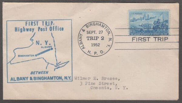 Scott# 1000 "THE LANDING OF CADILLAC" on FIRST TRIP COVER, ALBANY TO BINGHAMTON NY