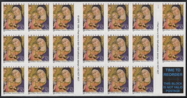 Scott# 3176 "MADONNA & CHILD by SANO di PIETRO" MNH BOOKLET PANE (20) P# 1111