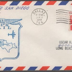 Scott# UC34 "CARMINE JET" AM8 - FIRST FIGHT DALLAS TX TO SAN DIEGO CA, JUNE 11th, 1961