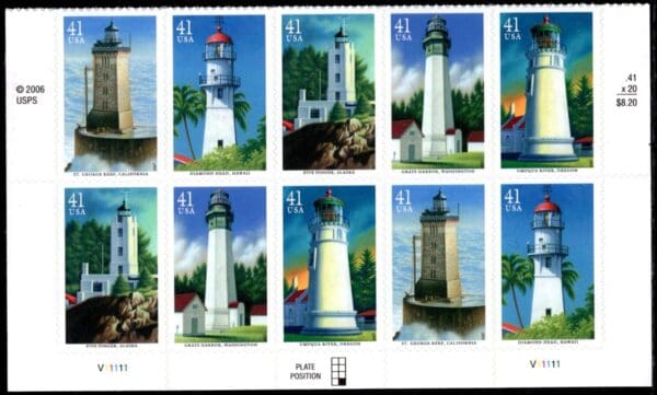 Scott# 4146-50 PACIFIC LIGHTHOUSES LOWER PLATE BLOCK (10) MNH