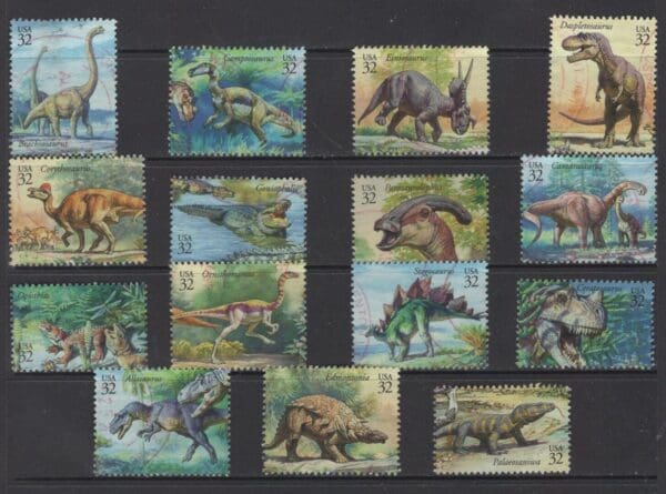 Scott# 3136a-o "WORLD of DINOSAURS" COMPLETE USED SINGLES SET (15)