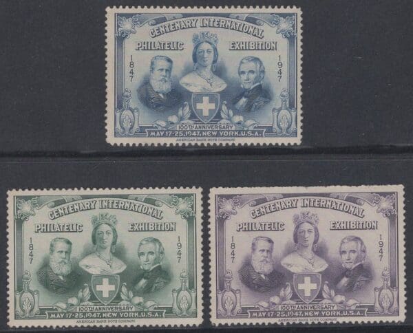 1947 N.Y. INTERNATIONAL STAMP EXPO CINDERELLAS (3) MNH, NICELY CENTERED