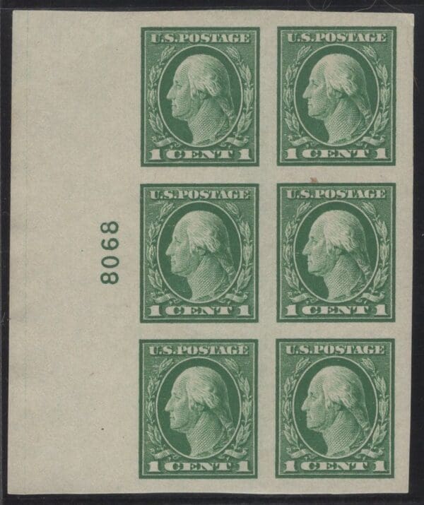 Scott# 481 "WASHINGTON" MNH IMPERF PLATE BLOCK(6) NICELY CENTERED