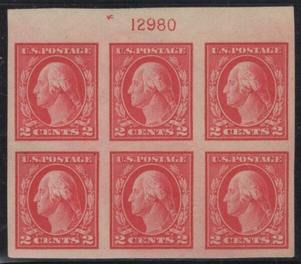 Scott# 482 "WASHINGTON" MNH IMPERF PLATE BLOCK (6) PLATE# 12980