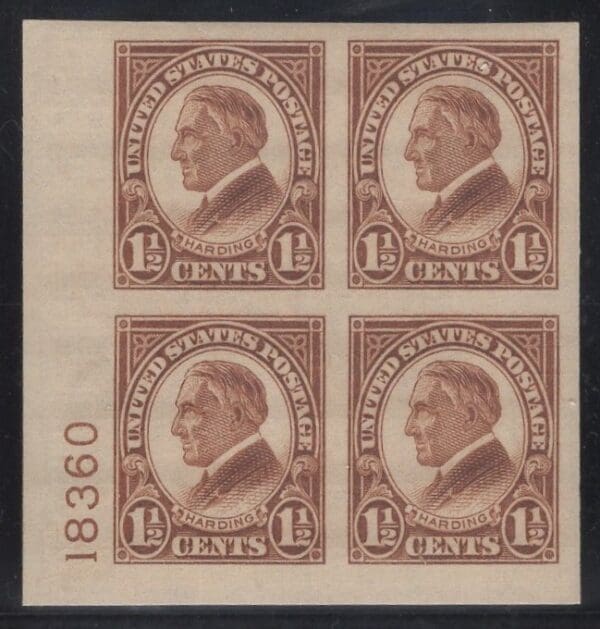 Scott# 631 "HARDING" MNH IMPERF PLATE BLOCK (4) NICELY CENTERED