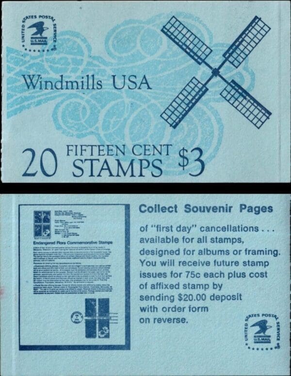 Scott# 1738-42 BK135 (1742a) "WINDMILLS" UNEXPLODED BOOKLET (20) MNH