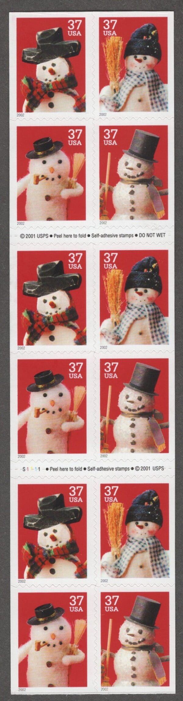 Scott# 3684-87 (3687b) "HOLIDAY SNOWMEN" UNFOLDED BKLET (20) P# S1111