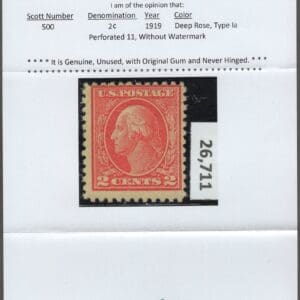 Scott# 500 "WASHINGTON" FLAT PLATE TYPE La, MNH WITH CROWE CERT - Image 3
