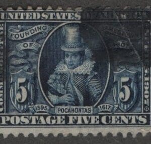 Scott# 330 "JAMESTOWN ISSUE - POCAHONTAS" USED, BLOCK CORK CANCEL