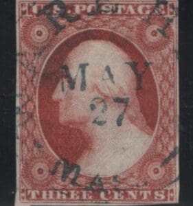 Scott# 11 "WASHINGTON" TYPE I IMPERF, WAREHAM, MA CDS CANCEL
