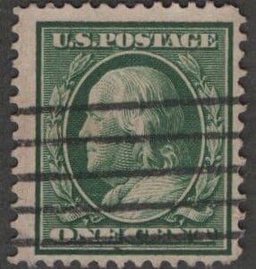 Scott# 374 "FRANKLIN" USED FLAT PLATE PERF 12, BAR GRID CANCEL