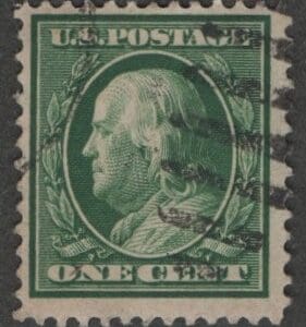 Scott# 374 "FRANKLIN" FLAT PLATE PERF 12, CDS & DUPLEX CANCELS