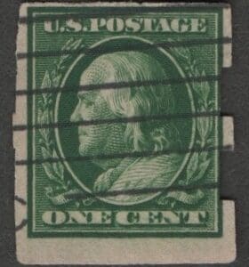 Scott# 383 "FRANKLIN" USED IMPERF, SCHERMACK III, BAR GRID CANCEL