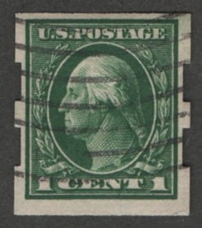 Scott# 408 "WASHINGTON" USED, SCHERMACK TYPE II PERFS, FLAG CANCEL