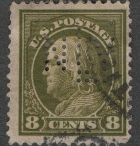 Scott# 414 "FRANKLIN" USED WITH N113 PERFIN NY LIFE INSURANCE CO.