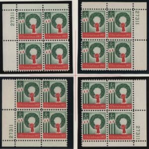 Scott# 1205 WREATH & CANDLES MNH MATCHED PLATE BLOCKS (4) P#27311