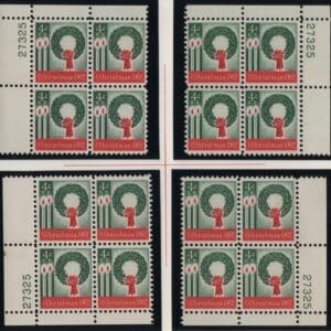 Scott# 1205 WREATH & CANDLES MNH MATCHED PLATE BLOCKS (4) P#27325