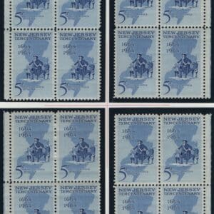 Scott# 1247 "N.J. TERCENTENARY" MATCHED PLATE BLOCKS (4) P# 27786